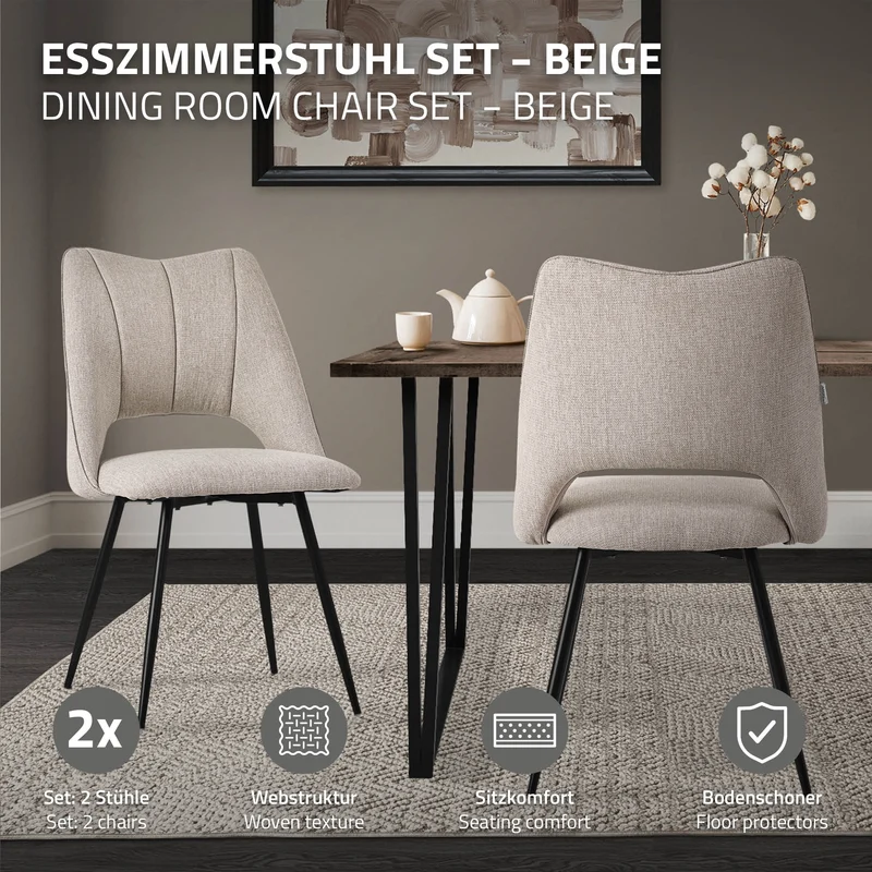 Esszimmerstuhl 2er Set Beige gepolstert inkl. Montagematerial Polsterstuhl Küchenstuhl ML-Design