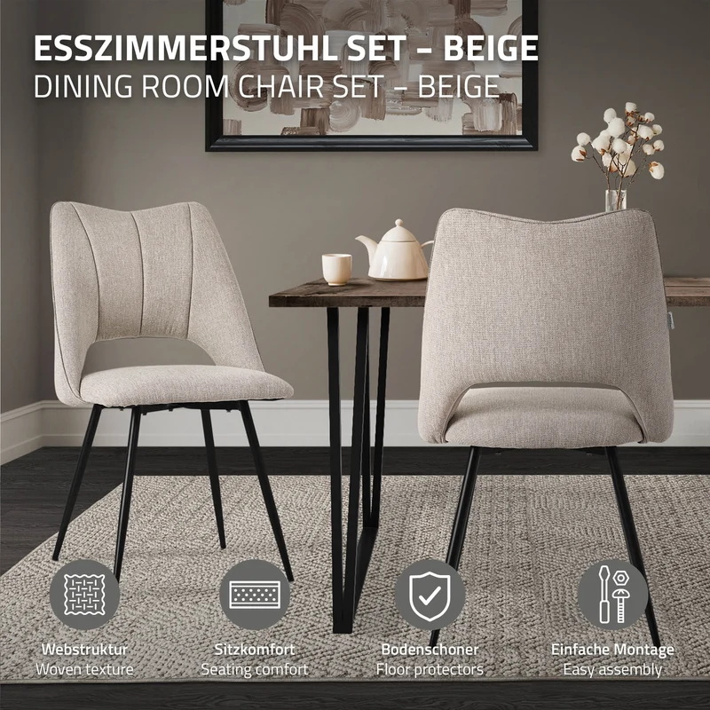 Esszimmerstuhl 2er Set Beige gepolstert inkl. Montagematerial Polsterstuhl Küchenstuhl ML-Design