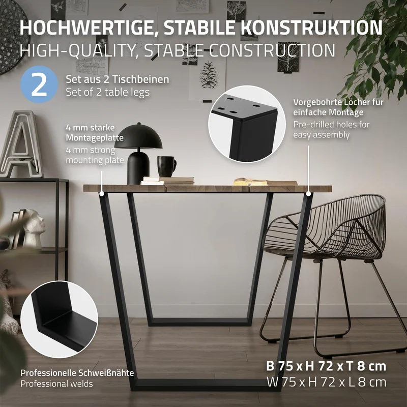 B-Ware Tischbeine Tischgestell 2er Set V-Design 75 x 72 cm Schwarz matt aus Stahl ML-Design