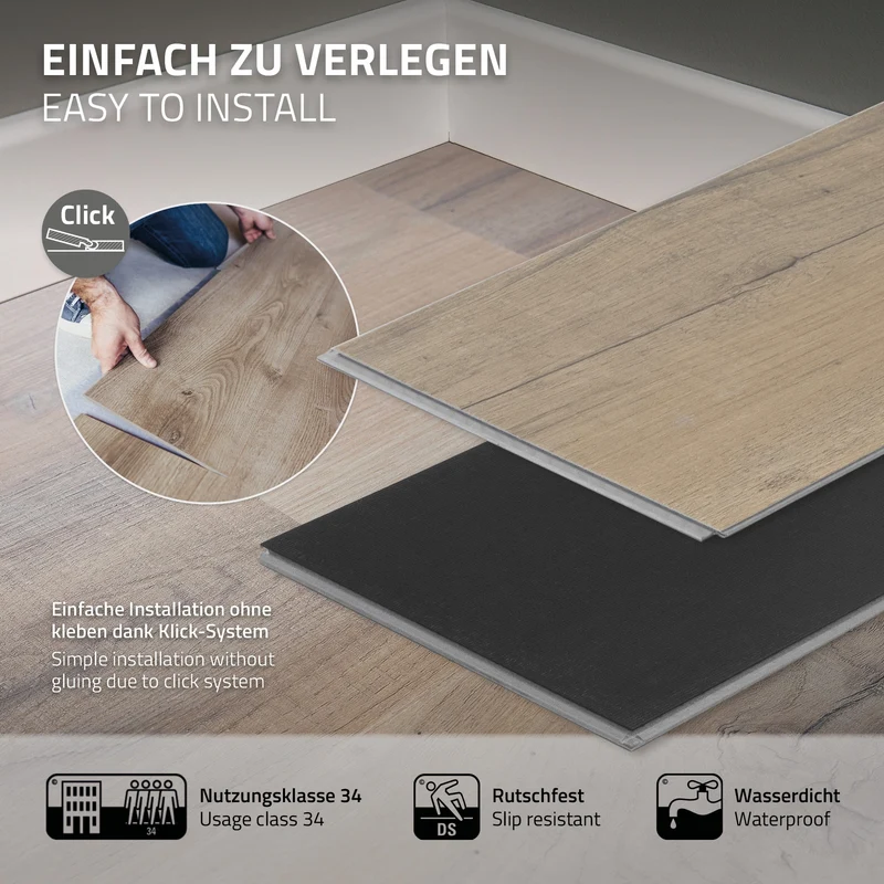 ML-DESIGN | Vinylboden Klick 7 Stück Klicksystem mit Belastungsklasse 34, 122 x 18 cm x 4,2 mm 1,54m² PVC Eiche Rustikal Hell Holzoptik Bodenbelag