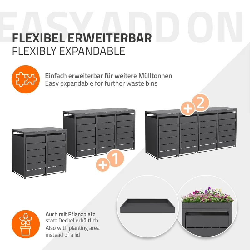 Mülltonnenbox Mülltonnenverkleidung Streben Design für bis zu 4 Tonnen je 240L aus Stahl