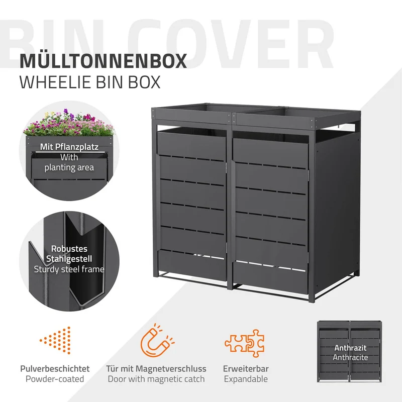 Mülltonnenbox Mülltonnenverkleidung Streben Design mit Pflanzdach für bis zu 4 Tonnen je 240L aus Stahl