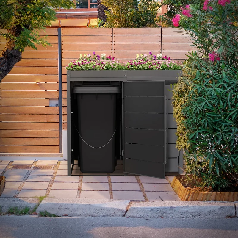 Mülltonnenbox Mülltonnenverkleidung Streben Design mit Pflanzdach für bis zu 4 Tonnen je 240L aus Stahl