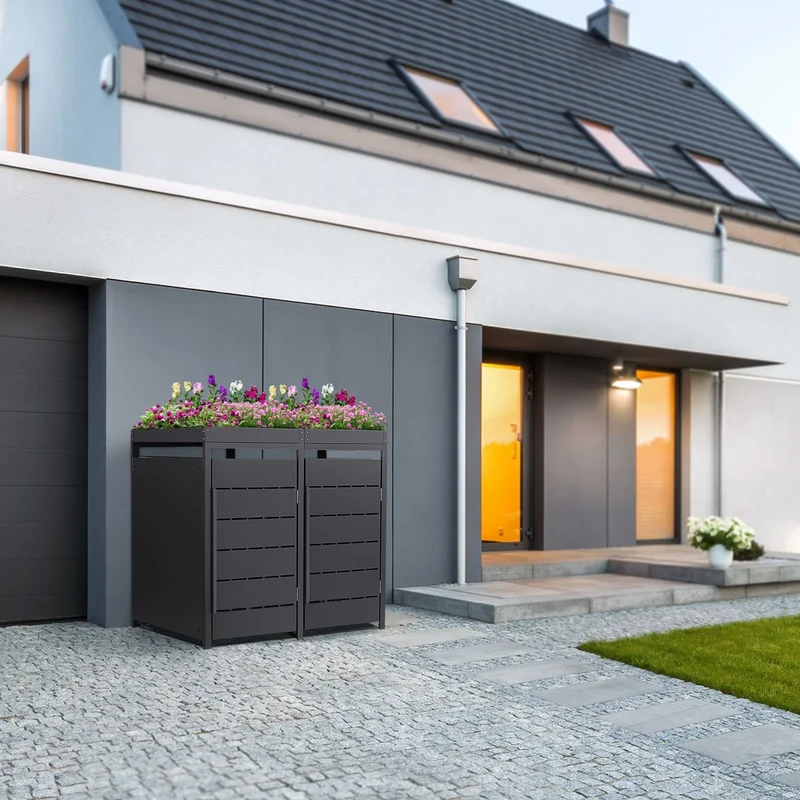 Mülltonnenbox Mülltonnenverkleidung Streben Design mit Pflanzdach für bis zu 4 Tonnen je 240L aus Stahl