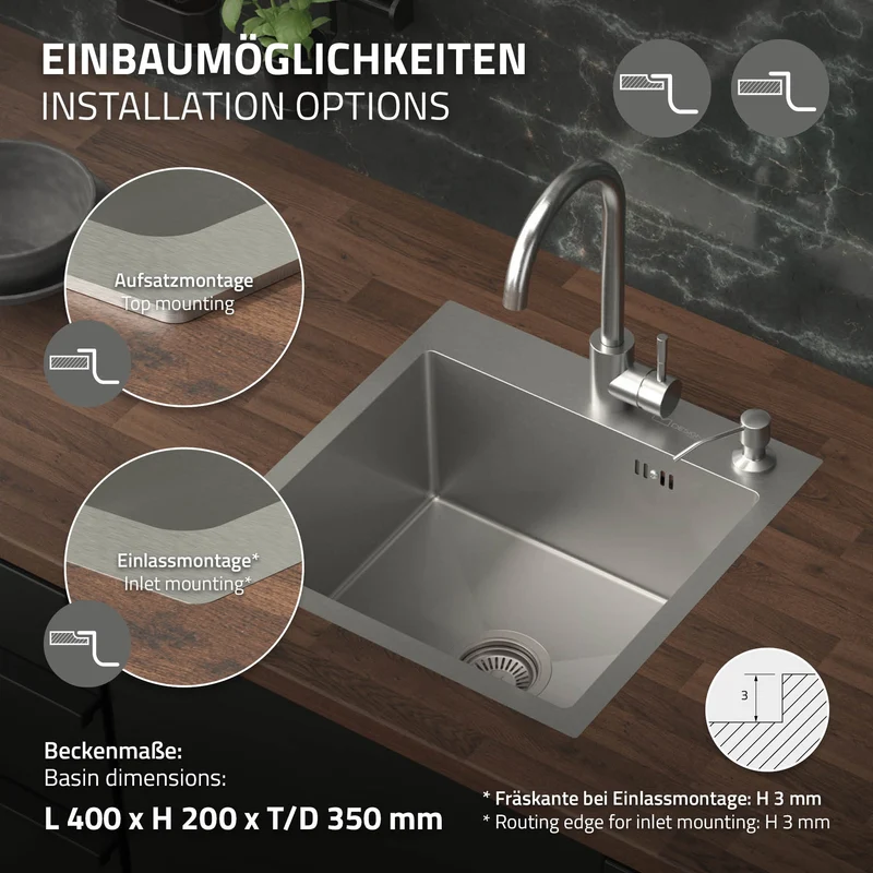 B-Ware Einbauspüle 45x45 cm Silber mit Ablaufgarnitur und Überlauf aus Edelstahl ML-Design