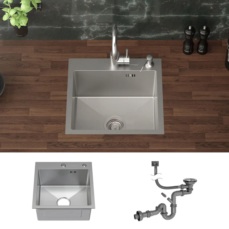 B-Ware Einbauspüle 45x45 cm Silber mit Ablaufgarnitur und Überlauf aus Edelstahl ML-Design
