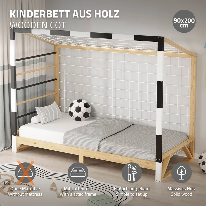 ML-Design | Kinderbett Fußballtor B-Ware, 90x200 cm aus massivem Kiefernholz Holzbett mit Lattenrost & Tornetz Handballtor