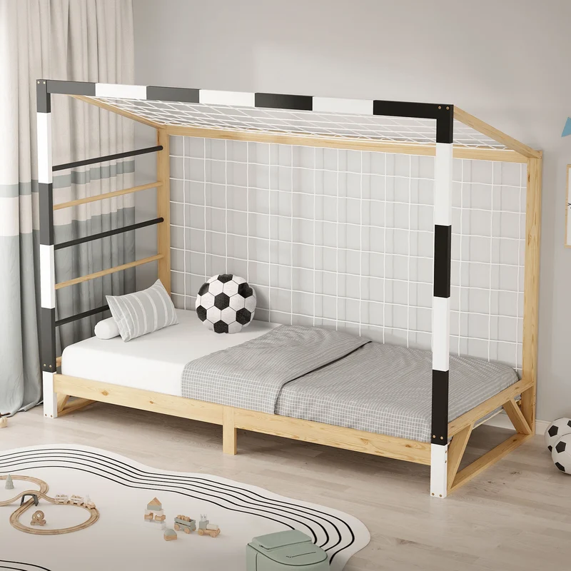 ML-Design | Kinderbett Fußballtor B-Ware, 90x200 cm aus massivem Kiefernholz Holzbett mit Lattenrost & Tornetz Handballtor