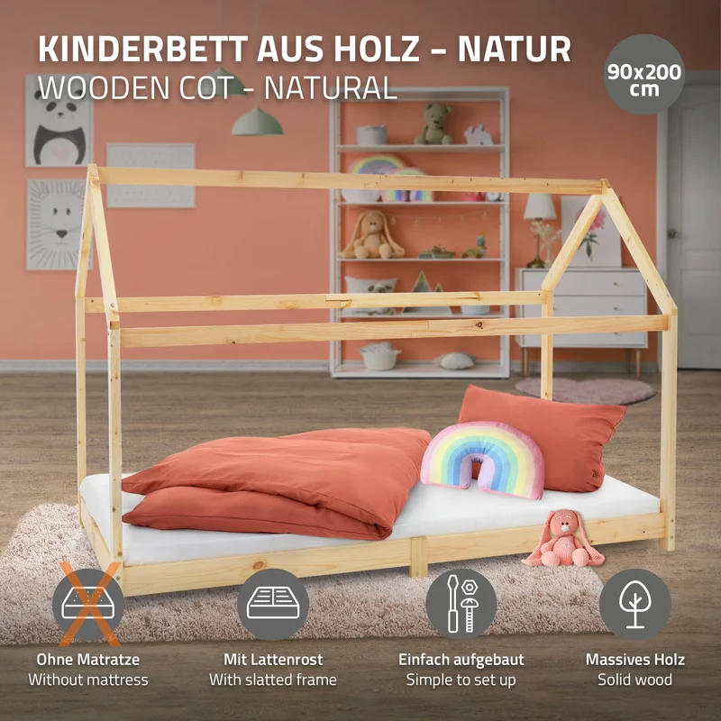 B-Ware Kinderbett Hausbett 90x200 cm aus Kiefernholz Holzbett mit Dach und Lattenrost ML-Design