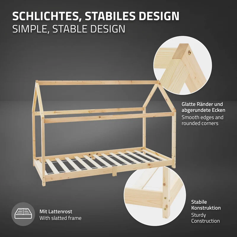 B-Ware Kinderbett Hausbett 90x200 cm aus Kiefernholz Holzbett mit Dach und Lattenrost ML-Design