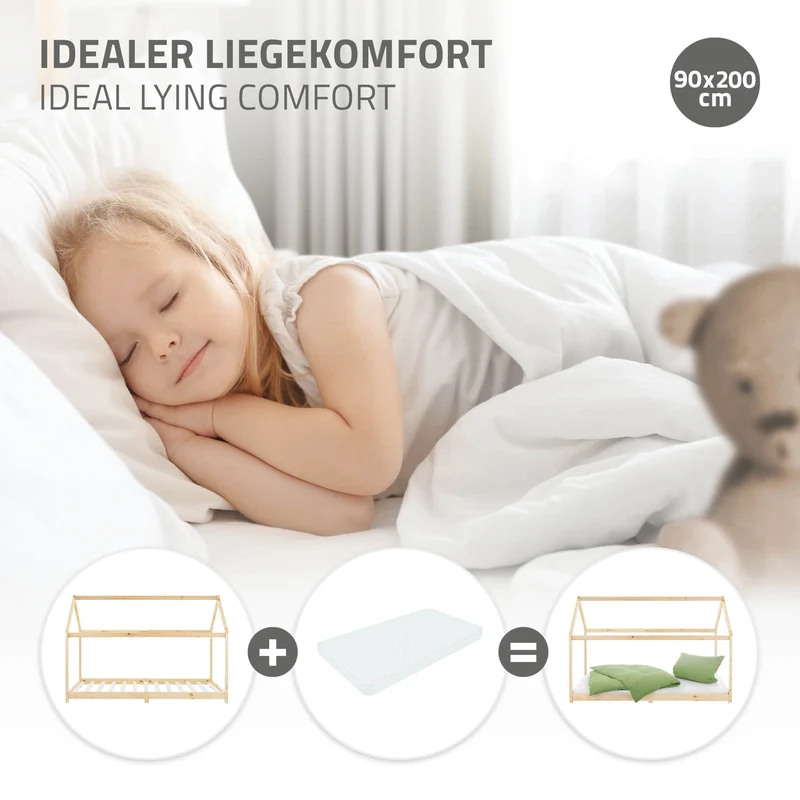 B-Ware Kinderbett Hausbett 90x200 cm aus Kiefernholz Holzbett mit Dach und Lattenrost ML-Design
