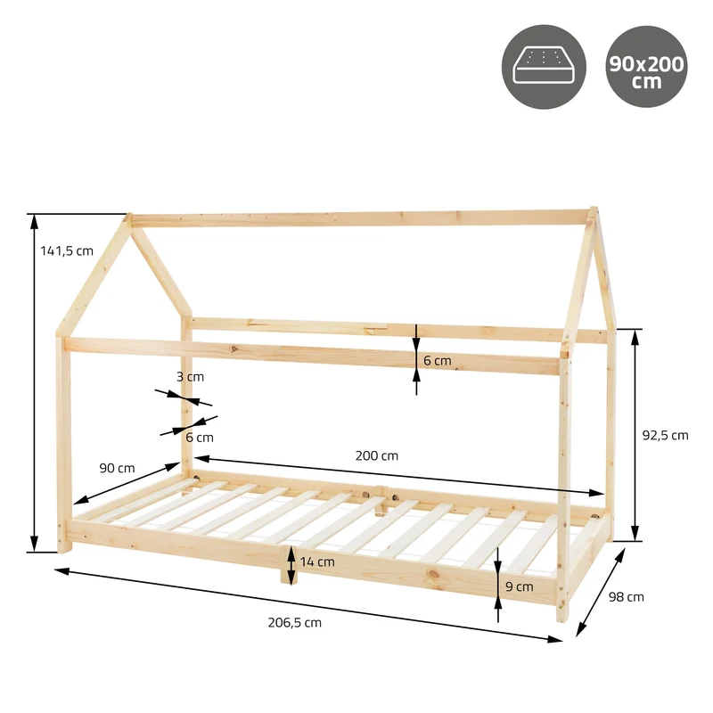 B-Ware Kinderbett Hausbett 90x200 cm aus Kiefernholz Holzbett mit Dach und Lattenrost ML-Design