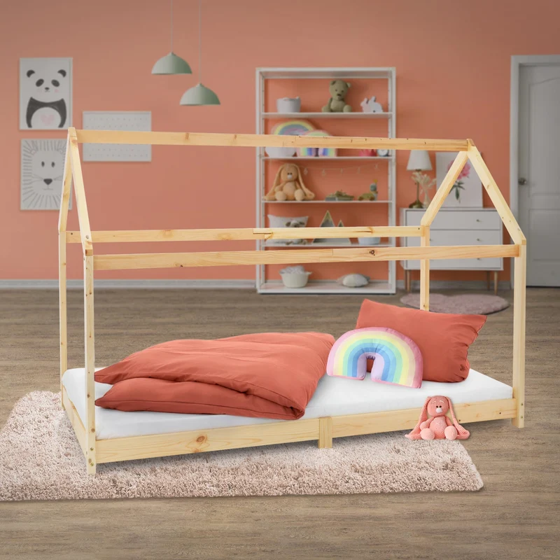 B-Ware Kinderbett Hausbett 90x200 cm aus Kiefernholz Holzbett mit Dach und Lattenrost ML-Design