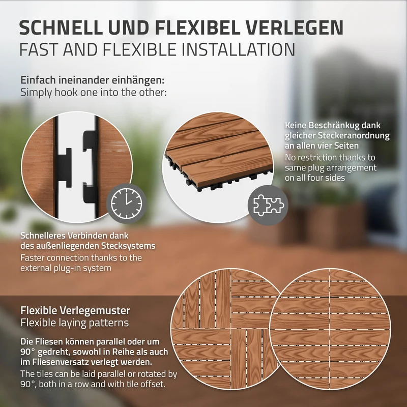 3x WPC Terrassenfliesen 30x30 cm 11er Spar Set für 1m² Hellbraun in Holzoptik Bodenbelag mit Drainage und Klicksystem