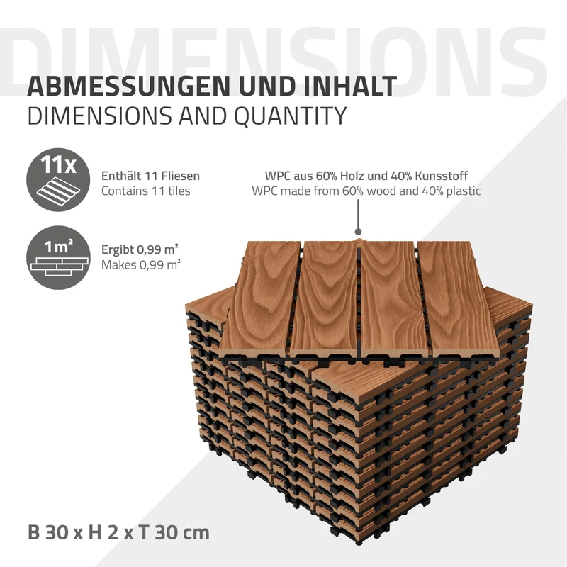 2x WPC Terrassenfliesen 30x30 cm 11er Spar Set für 1m² Hellbraun in Holzoptik Bodenbelag mit Drainage und Klicksystem