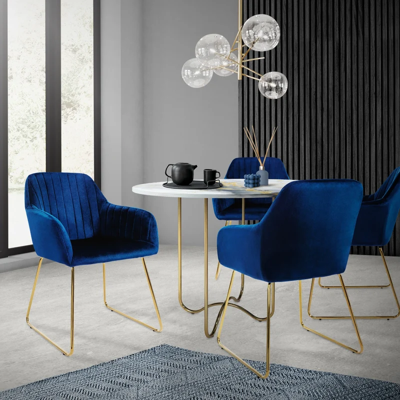 B-Ware Esszimmerstuhl 2er Set mit Rücken- und Armlehnen Blau Küchenstuhl mit Microfaser-Samtbezug & goldenen Metallbeinen ML-Design