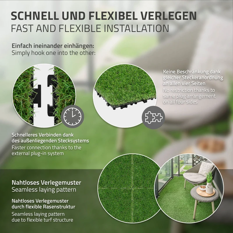Kunstrasen Fliesen 30x30 cm, 33 Stück=3m², Grasoptik Bodenbelag mit Klicksystem und Drainage ML-Design
