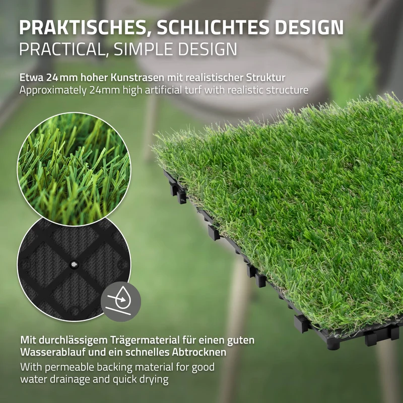 Kunstrasen Fliesen 30x30 cm, 55 Stück=5m², Grasoptik Bodenbelag mit Klicksystem und Drainage ML-Design