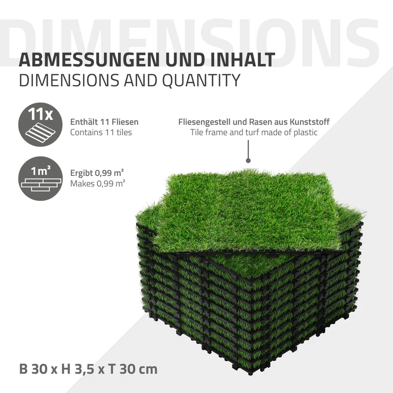 Kunstrasen Fliesen 30x30 cm, 55 Stück=5m², Grasoptik Bodenbelag mit Klicksystem und Drainage ML-Design