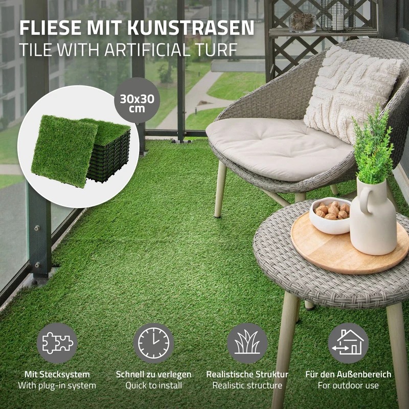Kunstrasen Fliesen 30x30 cm, 22 Stück=2m², Grasoptik Bodenbelag mit Klicksystem und Drainage ML-Design