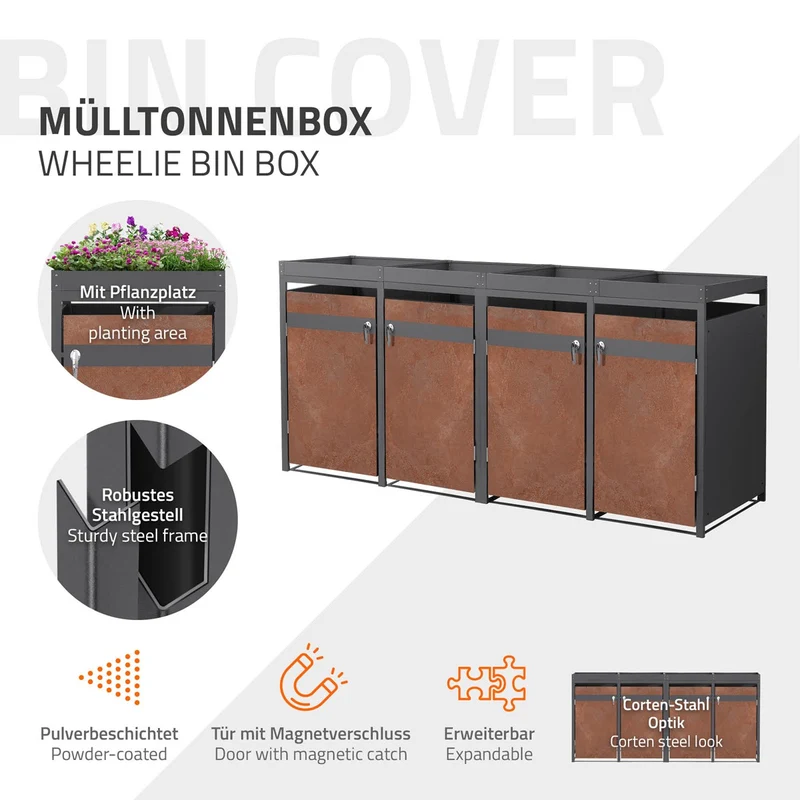 Mülltonnenbox mit Pflanzdach 4er bis 240L 264x80x124 cm aus Stahl in Rostoptik ML-Design