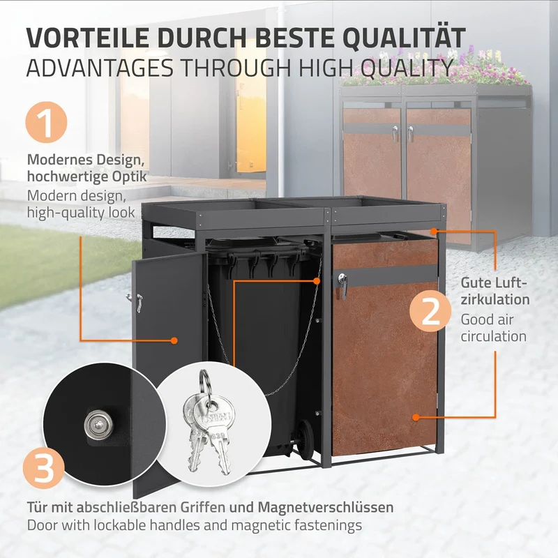 Mülltonnenbox mit Pflanzdach 4er bis 240L 264x80x124 cm aus Stahl in Rostoptik ML-Design