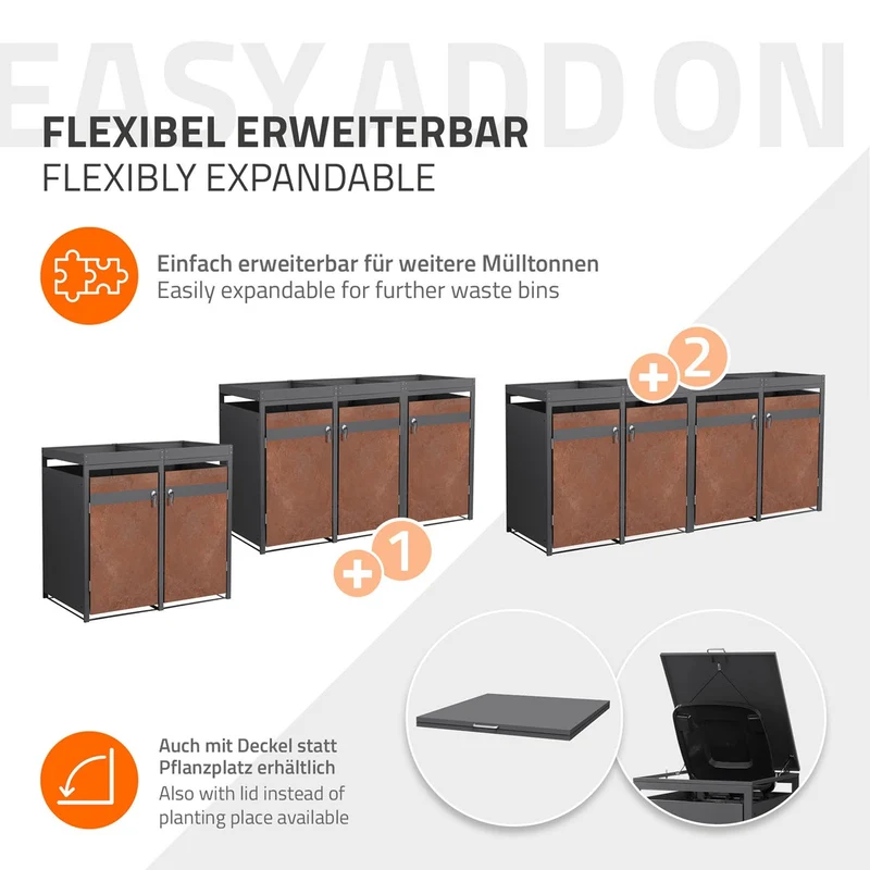 Mülltonnenbox mit Pflanzdach 4er bis 240L 264x80x124 cm aus Stahl in Rostoptik ML-Design