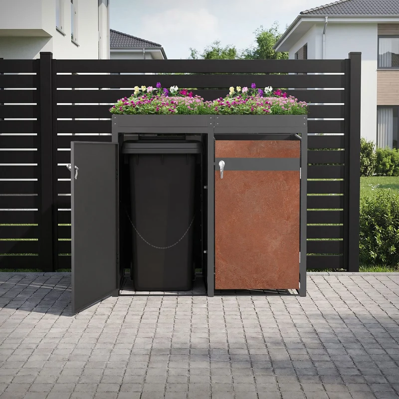 Mülltonnenbox mit Pflanzdach 4er bis 240L 264x80x124 cm aus Stahl in Rostoptik ML-Design