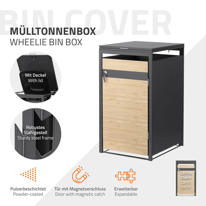 Mülltonnenbox 1er bis 240L 68x80x120 cm aus Stahl in Lärchenoptik ML-Design