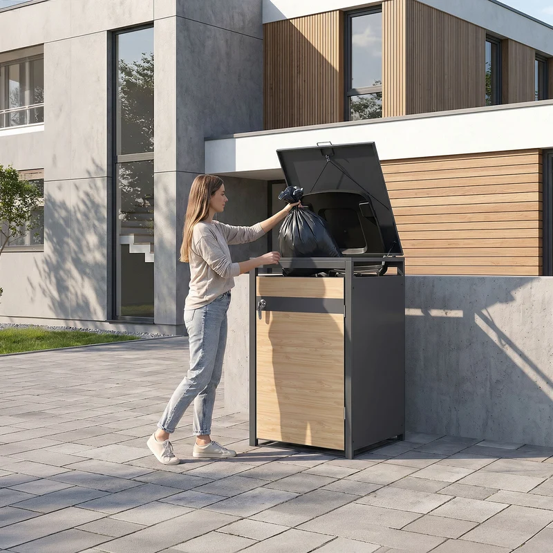 Mülltonnenbox 1er bis 240L 68x80x120 cm aus Stahl in Lärchenoptik ML-Design