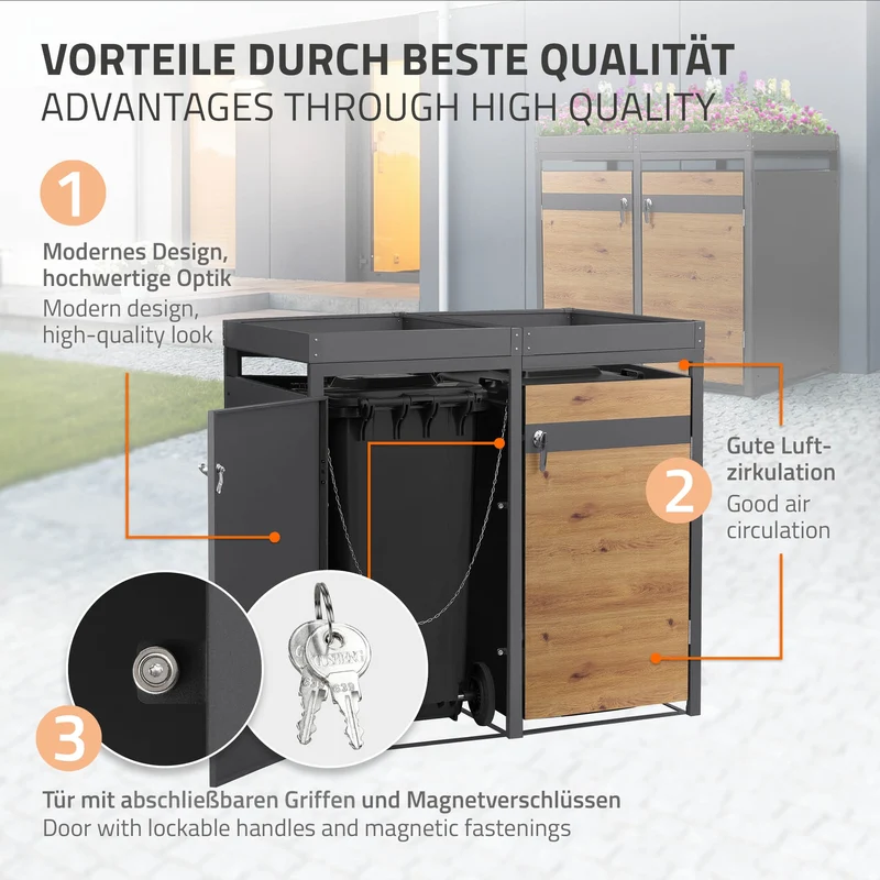 Mülltonnenbox mit Pflanzdach 4er bis 240L 264x80x124 cm aus Stahl in Eichenoptik ML-Design