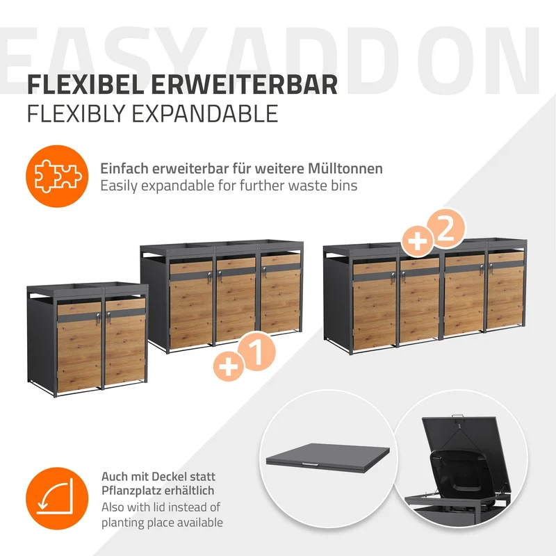 Mülltonnenbox mit Pflanzdach 4er bis 240L 264x80x124 cm aus Stahl in Eichenoptik ML-Design