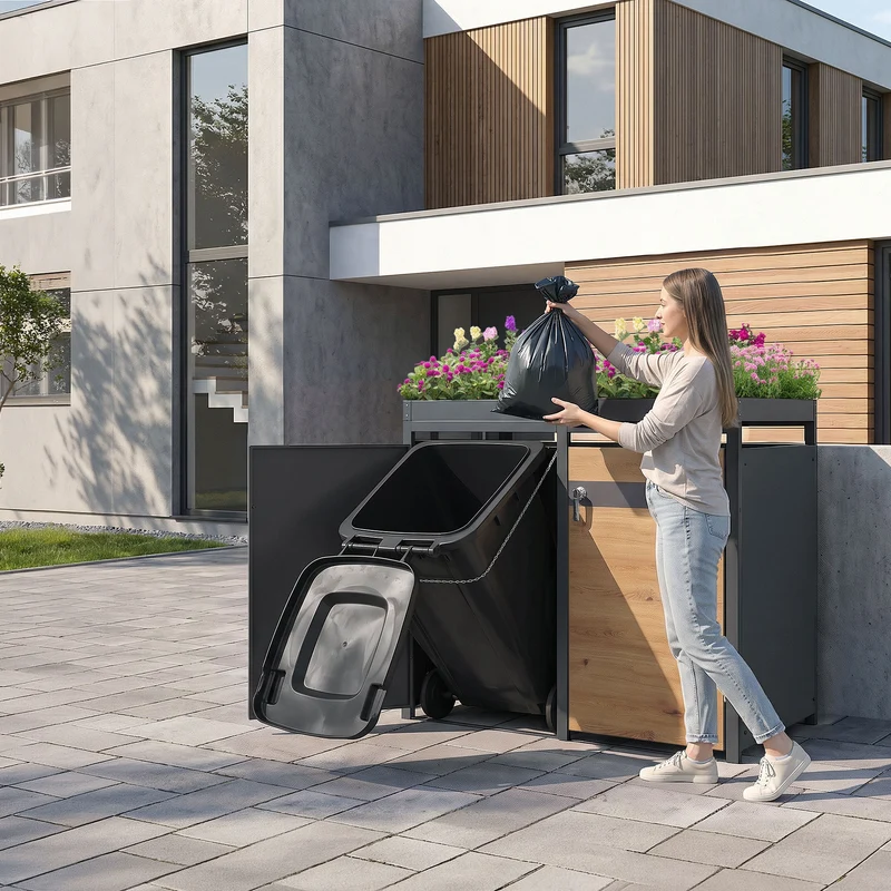 Mülltonnenbox mit Pflanzdach 4er bis 240L 264x80x124 cm aus Stahl in Eichenoptik ML-Design