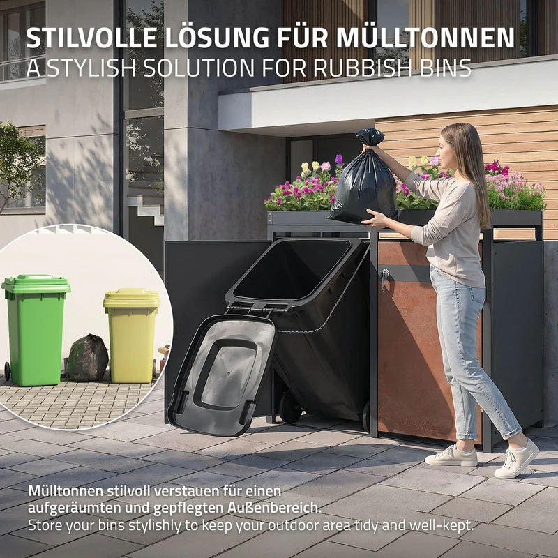 Mülltonnenbox mit Pflanzdach 3er bis 240L 200x80x124 cm aus Stahl in Rostoptik ML-Design