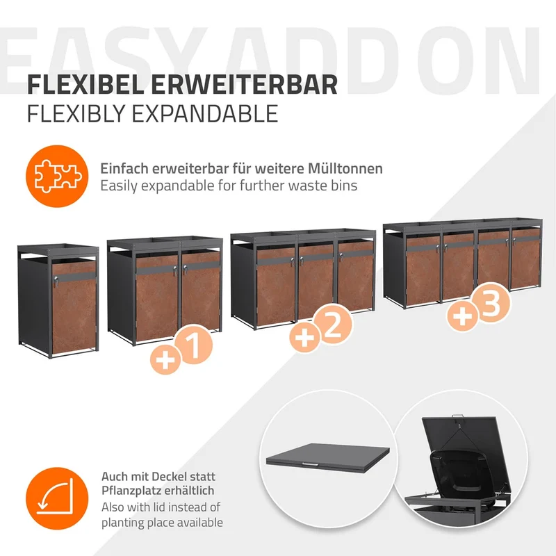 Mülltonnenbox mit Pflanzdach 3er bis 240L 200x80x124 cm aus Stahl in Rostoptik ML-Design