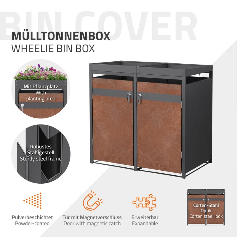 Mülltonnenbox mit Pflanzdach 2er bis 240L 132x80x124 cm aus Stahl in Rostoptik ML-Design