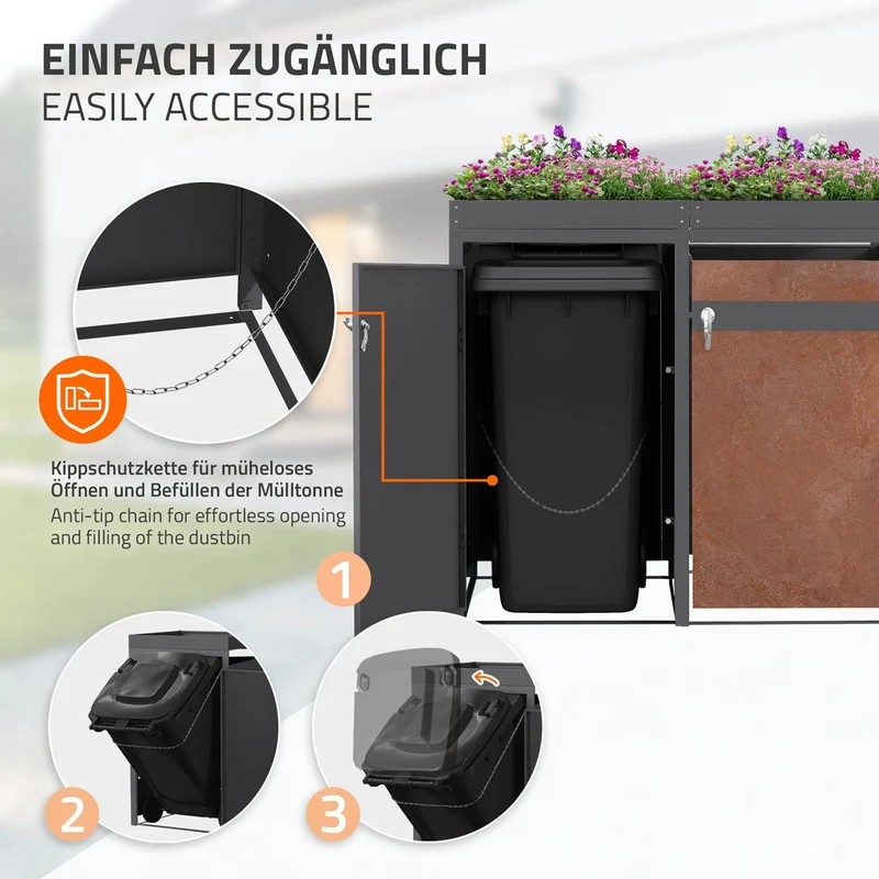 Mülltonnenbox mit Pflanzdach 2er bis 240L 132x80x124 cm aus Stahl in Rostoptik ML-Design