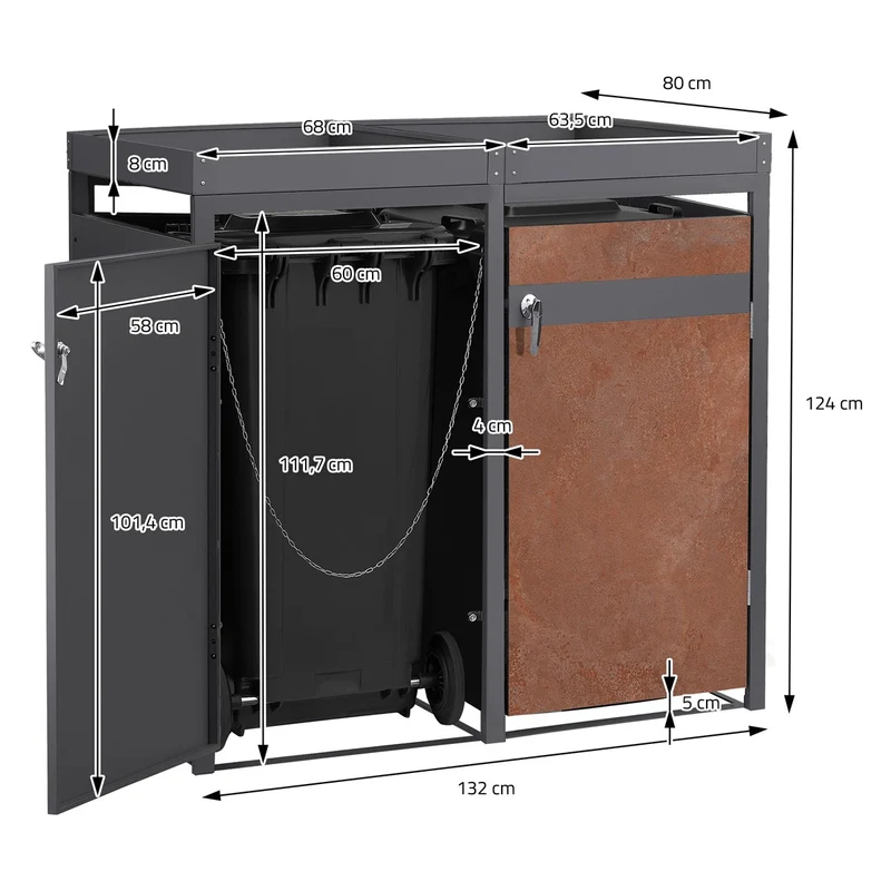 Mülltonnenbox mit Pflanzdach 2er bis 240L 132x80x124 cm aus Stahl in Rostoptik ML-Design
