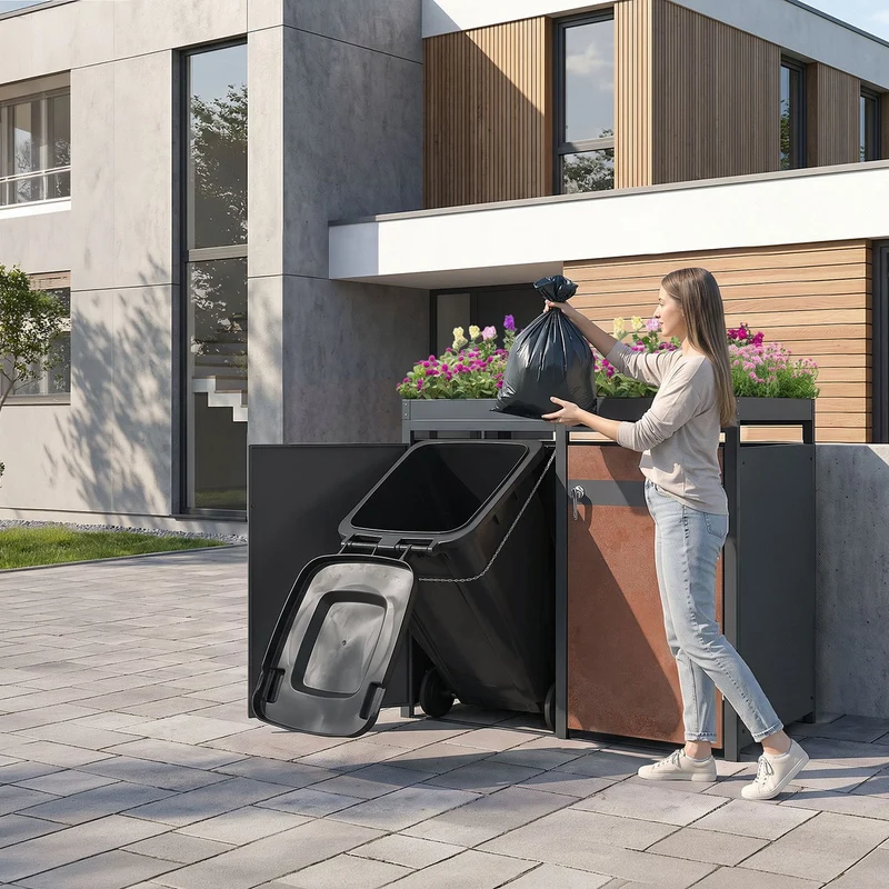 Mülltonnenbox mit Pflanzdach 2er bis 240L 132x80x124 cm aus Stahl in Rostoptik ML-Design