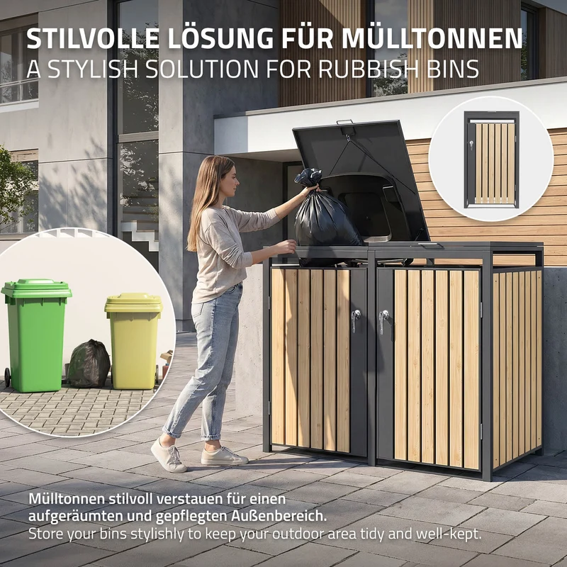 Mülltonnenbox 3er bis 240L 200x80x120 cm aus Stahl in Lärchenoptik ML-Design