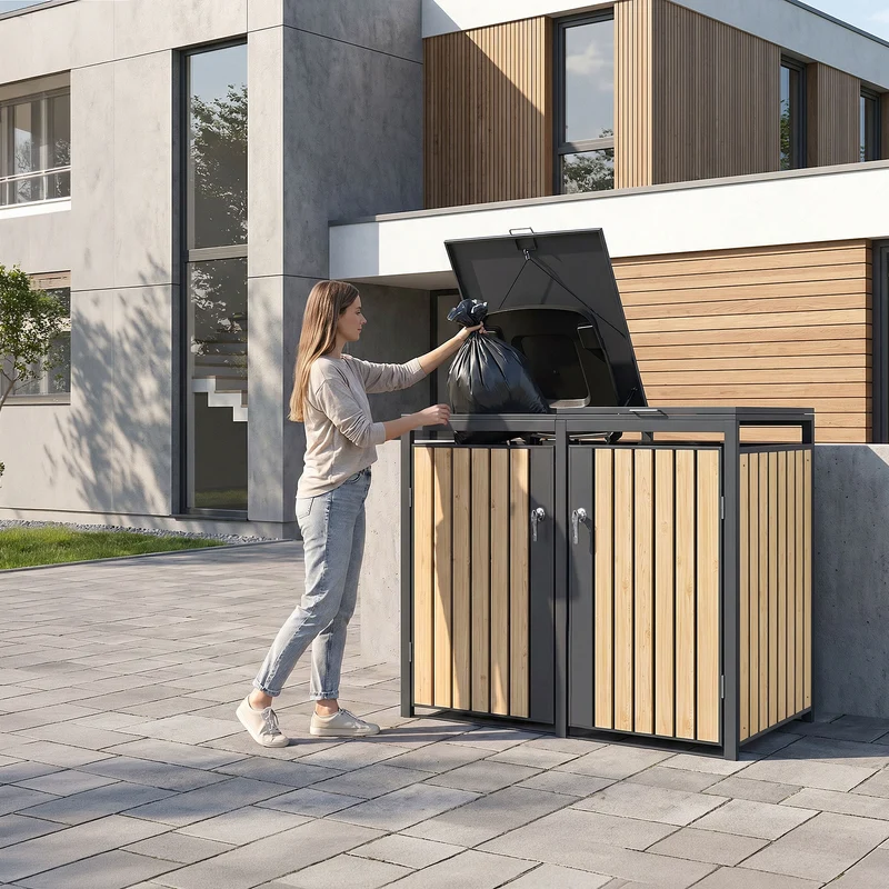 Mülltonnenbox 4er bis 240L 264x80x120 cm aus Stahl in Lärchenoptik ML-Design