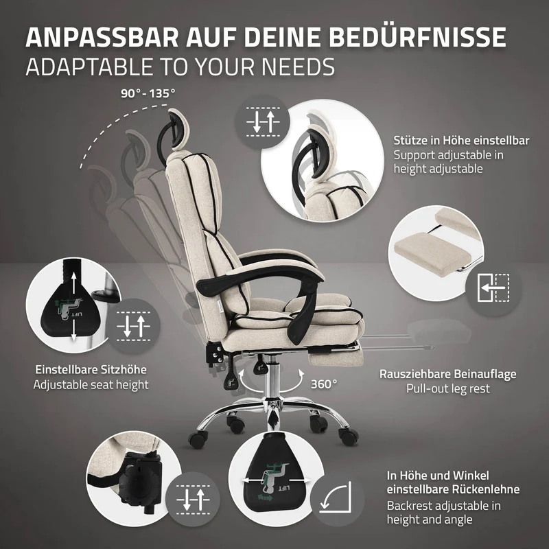 ML-Design | Bürostuhl höhenverstellbar mit Rückenlehne und Fuß-& Kopfstütze bis 120 kg, Chefsessel Wippfunktion, Computerstuhl