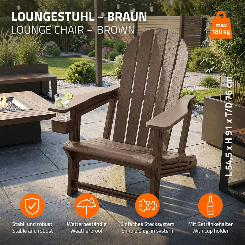 Gartenstuhl Adirondack Stuhl Sonnenstuhl wetterfest aus HDPE Kunststoff bis 180 kg Braun Gartensessel ML-Design