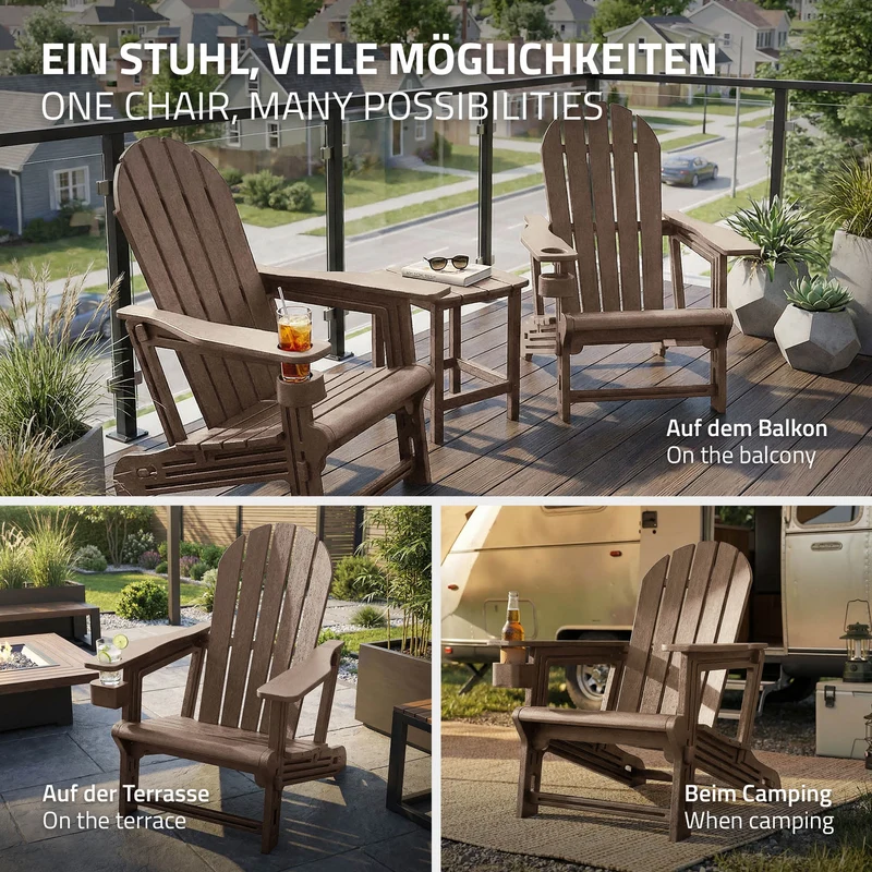 Gartenstuhl Adirondack Stuhl Sonnenstuhl wetterfest aus HDPE Kunststoff bis 180 kg Braun Gartensessel ML-Design