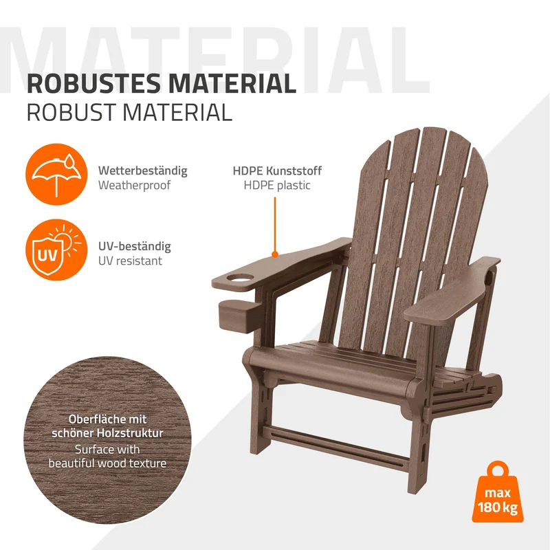 Gartenstuhl Adirondack Stuhl Sonnenstuhl wetterfest aus HDPE Kunststoff bis 180 kg Braun Gartensessel ML-Design