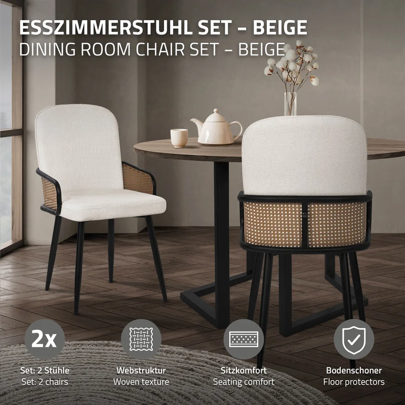 Esszimmerstühle 2er Set Beige mit Arm- & Rückenlehne, Polsterstühle für Esszimmer & Küche ML-Design