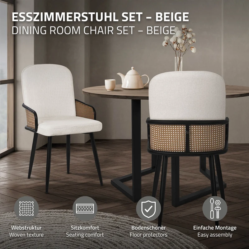Esszimmerstühle 4er Set Beige mit Arm- & Rückenlehne, Polsterstühle für Esszimmer & Küche ML-Design
