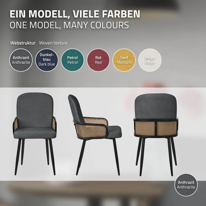 Esszimmerstühle 4er Set Anthrazit mit Arm- & Rückenlehne, Polsterstühle für Esszimmer & Küche ML-Design