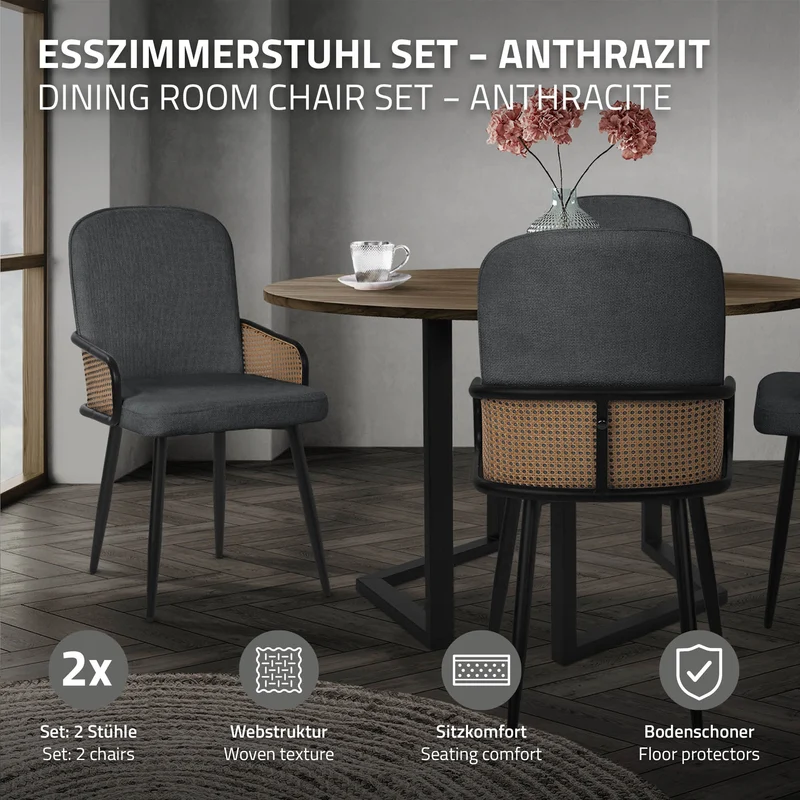 Esszimmerstühle 2er Set Anthrazit mit Arm- & Rückenlehne, Polsterstühle für Esszimmer & Küche ML-Design