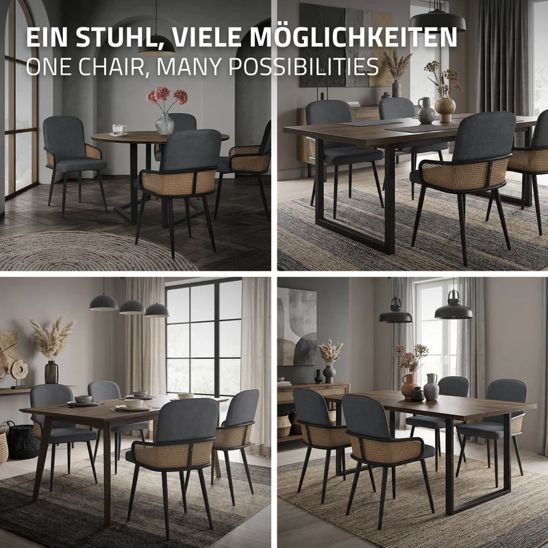 Esszimmerstühle 2er Set Anthrazit mit Arm- & Rückenlehne, Polsterstühle für Esszimmer & Küche ML-Design
